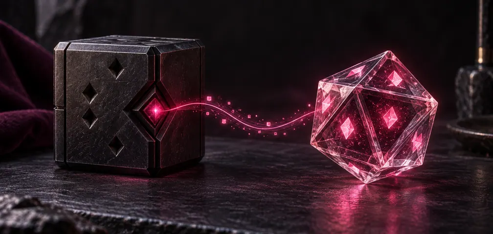 A dark core connected by pink light to a translucent 3D die