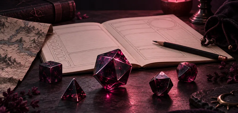 Polyhedral dice on a character sheet beside a map and pencil on a dark tabletop