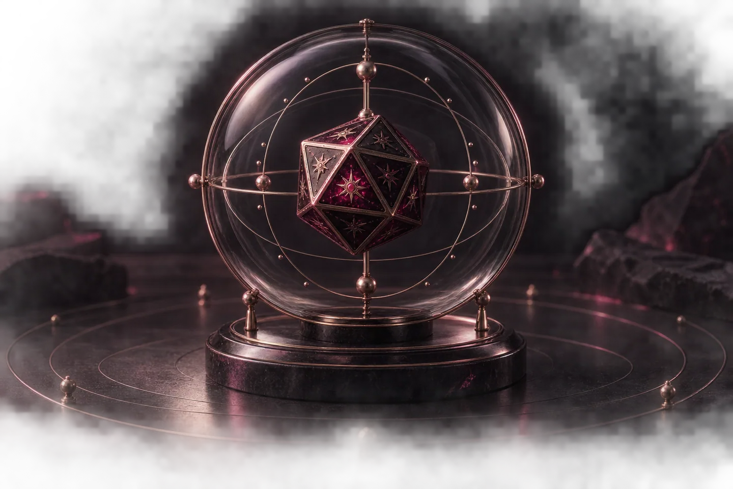 Polyhedral die inside a transparent sphere with precise calibration rings